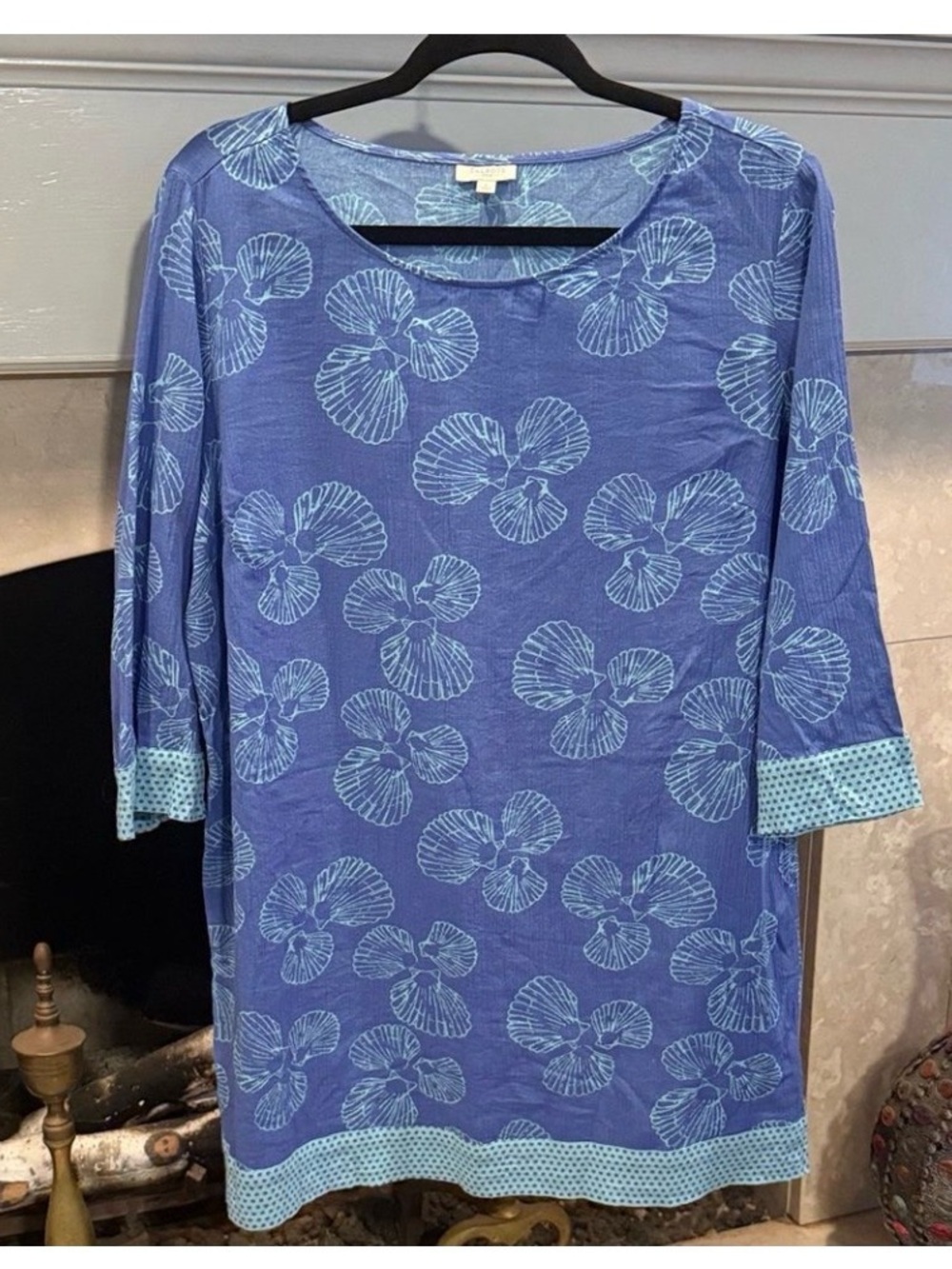 Talbots Blue Shell Print Swim Cover Up or Summer Tunic with Light Blue Trim OX